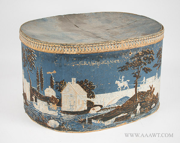 Hatbox, Blue Bandbox, Erie Canal, also called Grand Canal, Extremely Rare
Circa 1830, entire view
